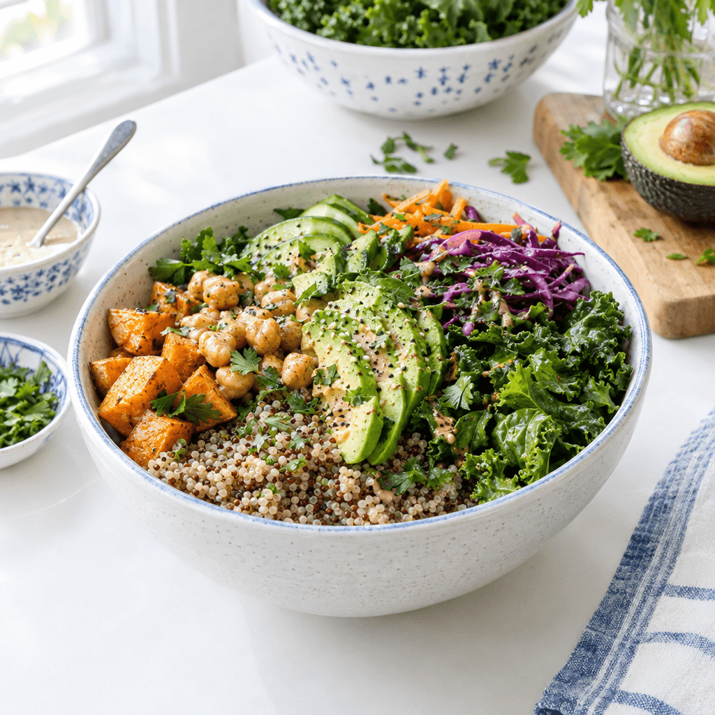A colorful plant-forward bowl of vegetables, greens and grains.